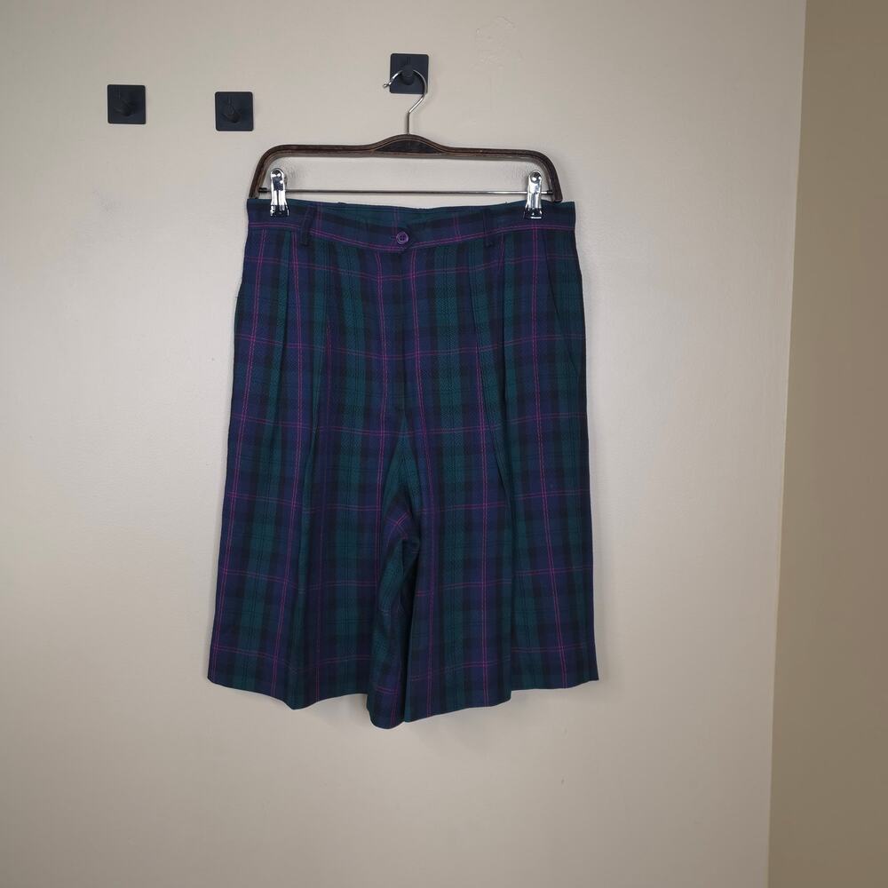 Vintage Susan Bristol Wool High Rise Pleated Bermuda Shorts Tartan Plaid Size 14